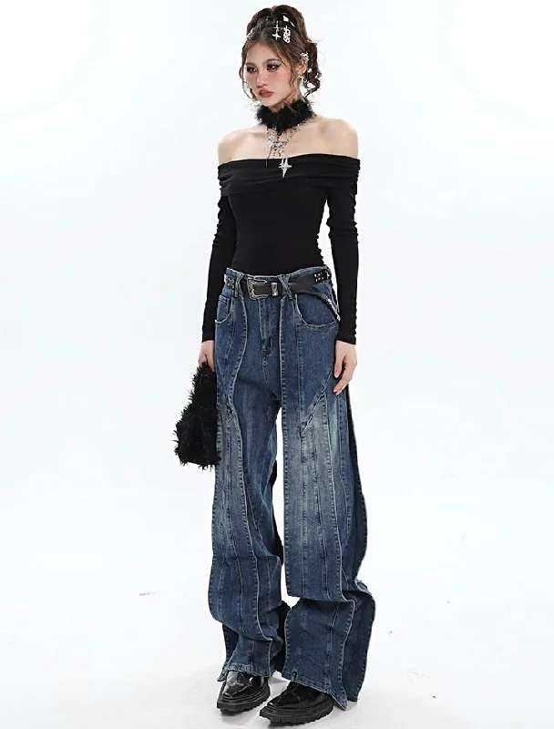 Sasha Denim Blue Patchwork Flare Jeans Pants