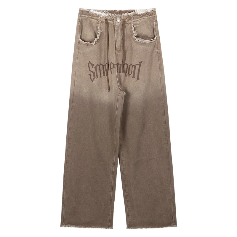 SMARTTOOTH Gradient Brown Vintage Drawstring Straight Leg Baggy Jeans Pants