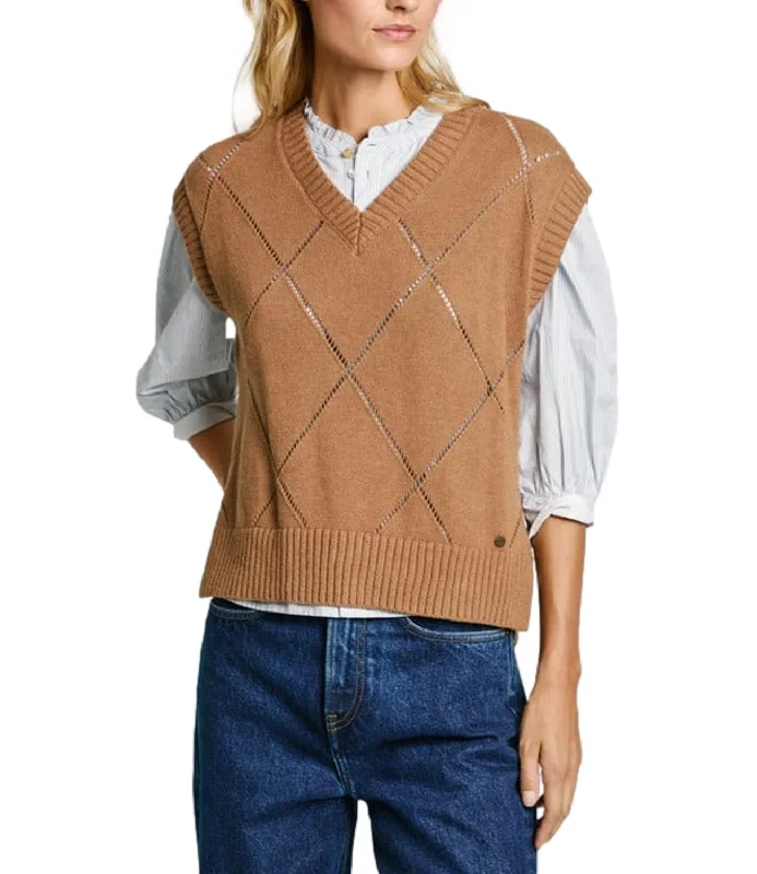 Pepe Jeans gilet idris vest, beige, fantasia rombi, cotone, donna