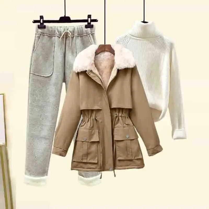 Vintage Parka High Neck Knitted Sweater Flocked Trousers Set