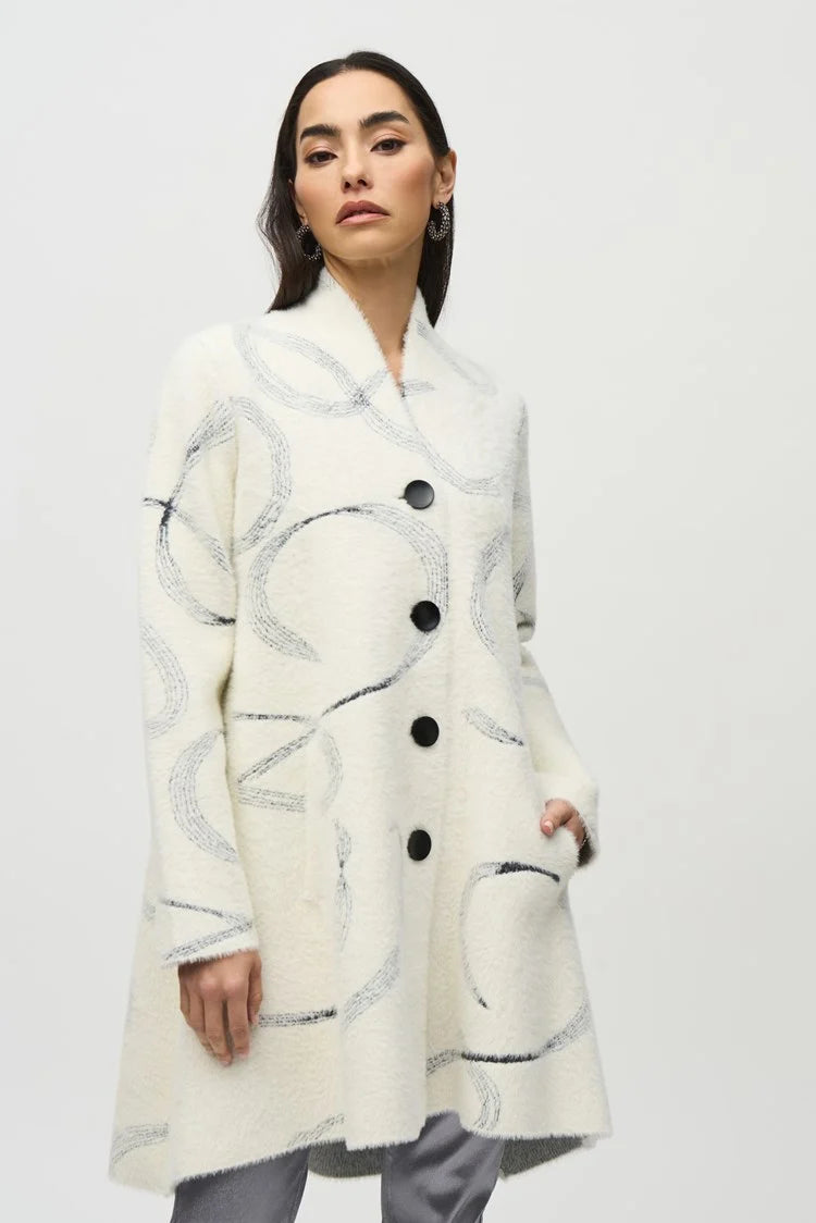 Abstract Jacquard Sweater Coat - Vanilla and Black