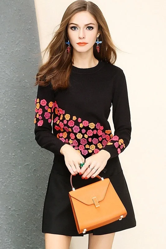 Black Sweater W/ Flower Crochet