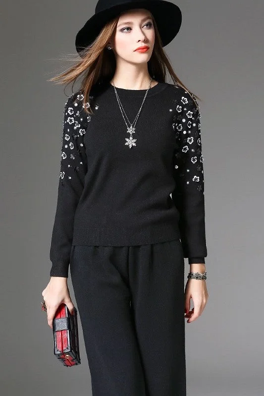 Black Sweater W/ 3D Flowers