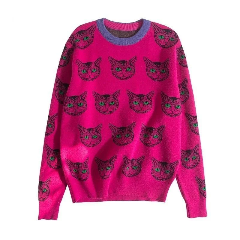 Cartoon Cat Face Women's Knitted Sweater: Bold and different, ideal for cat lovers