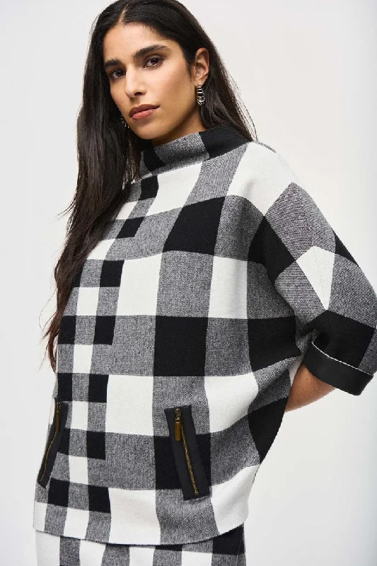 Plaid Jacquard Knit Sweater - Black and Vanilla