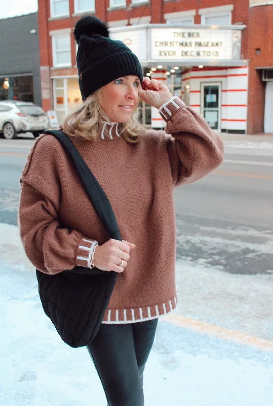 Taking Note Mock Neck Sweater in Brown